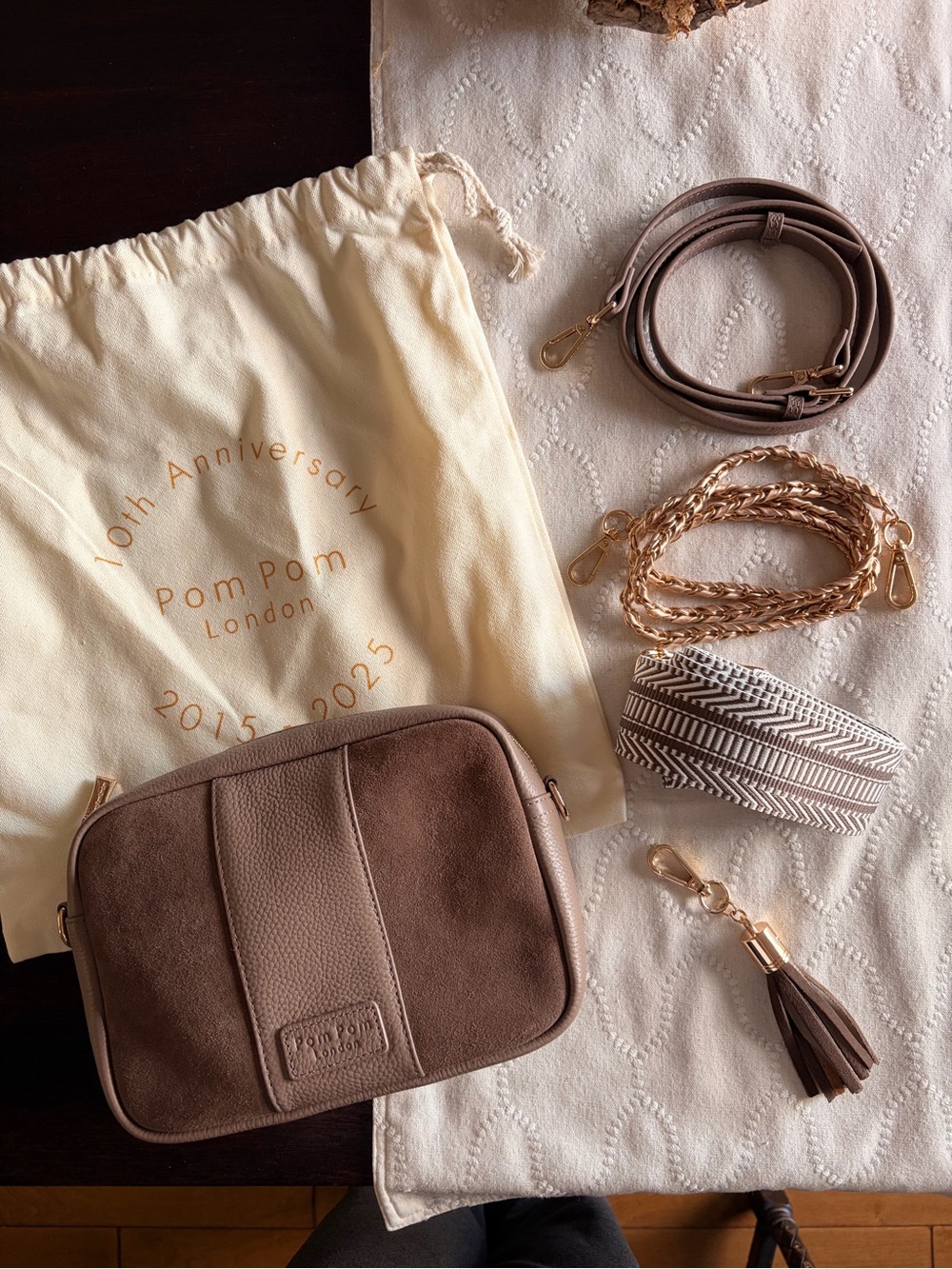 Pom Pom London Taupe Suede and Leather Crossbody Bag with Tassel